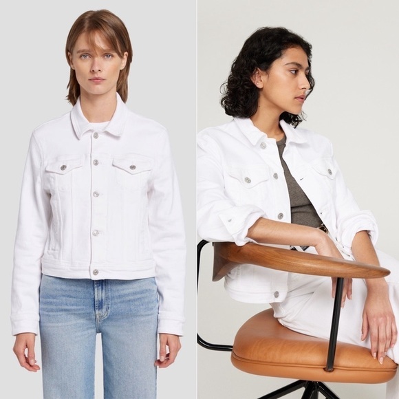 7 FOR ALL MANKIND 90s Luxe Ivory Stretch Denim Cropped Jean Trucker Jacket L - Picture 9 of 15